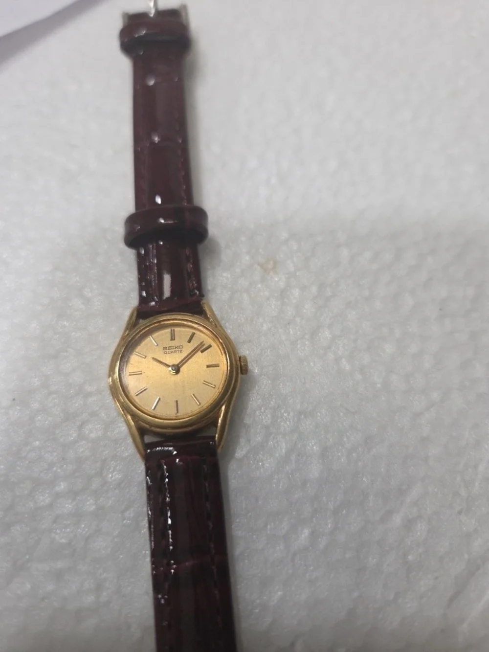 Seiko Gold Dial Women's Quartz Watch with Burgundy Patent Strap 2P20-0080